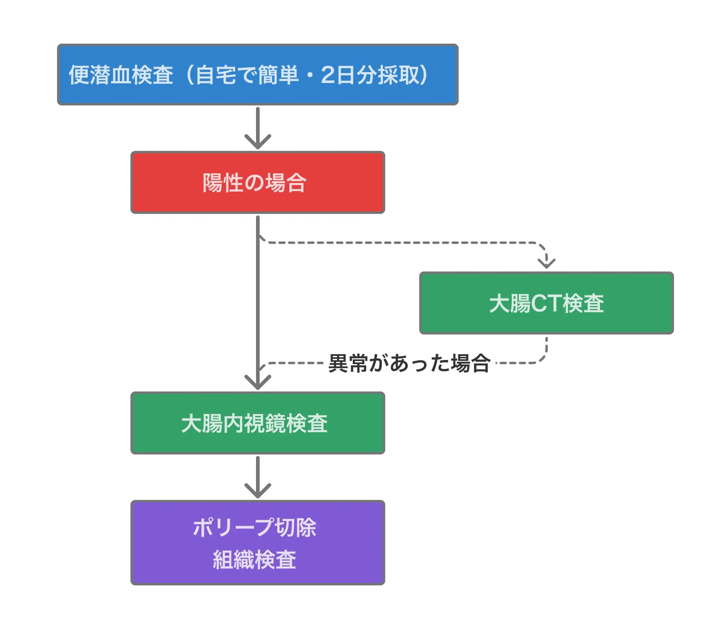 大腸がん検査の流れを示すフローチャート：便潜血検査（自宅で簡単・2日分採取）から始まり、陽性の場合は大腸内視鏡検査または大腸CT検査へ進み、異常があった場合はポリープ切除・組織検査を行う流れを図示